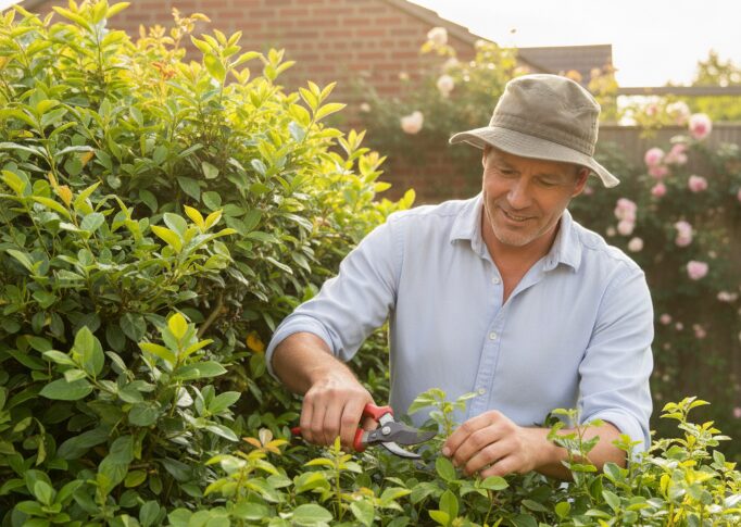 Man pruning garden bushes.
