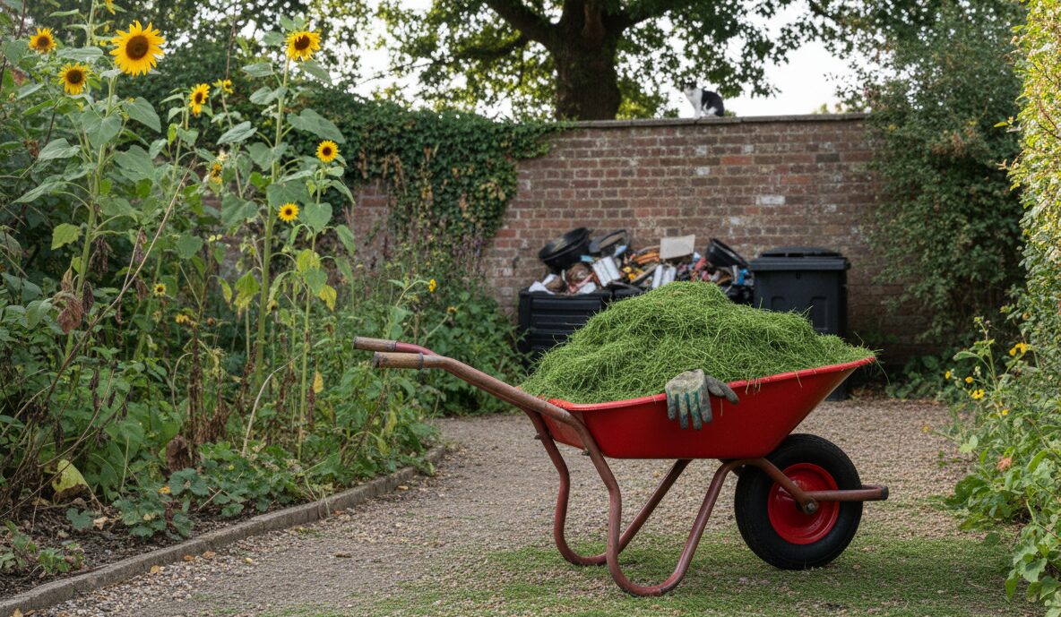 A red wheelbarrow full of grass