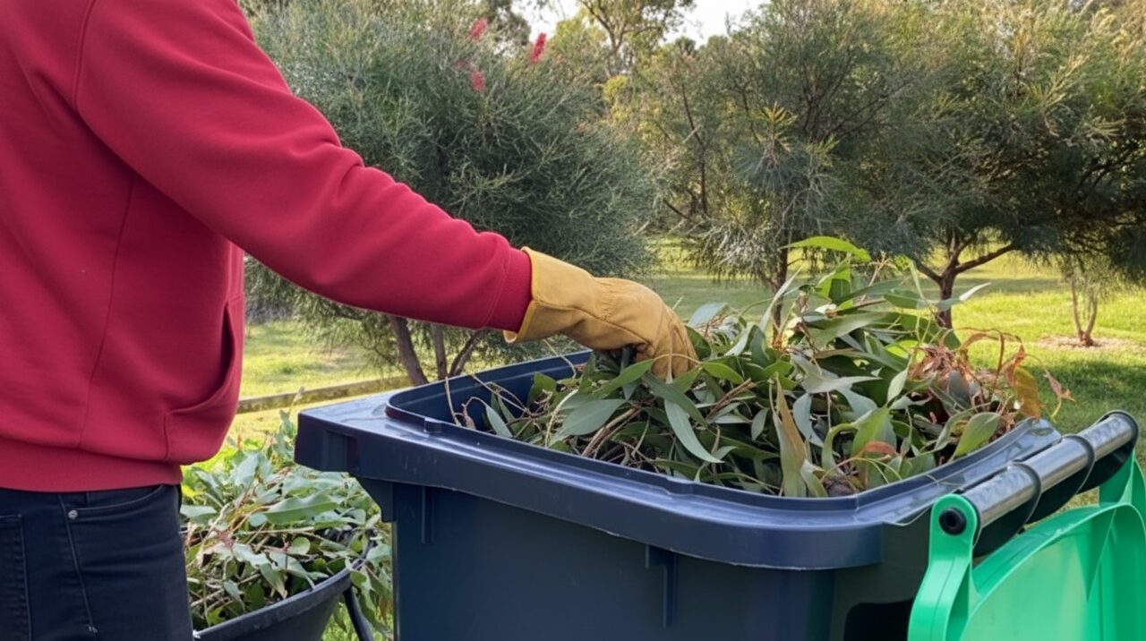 Person in red hoodie disposing of green waste